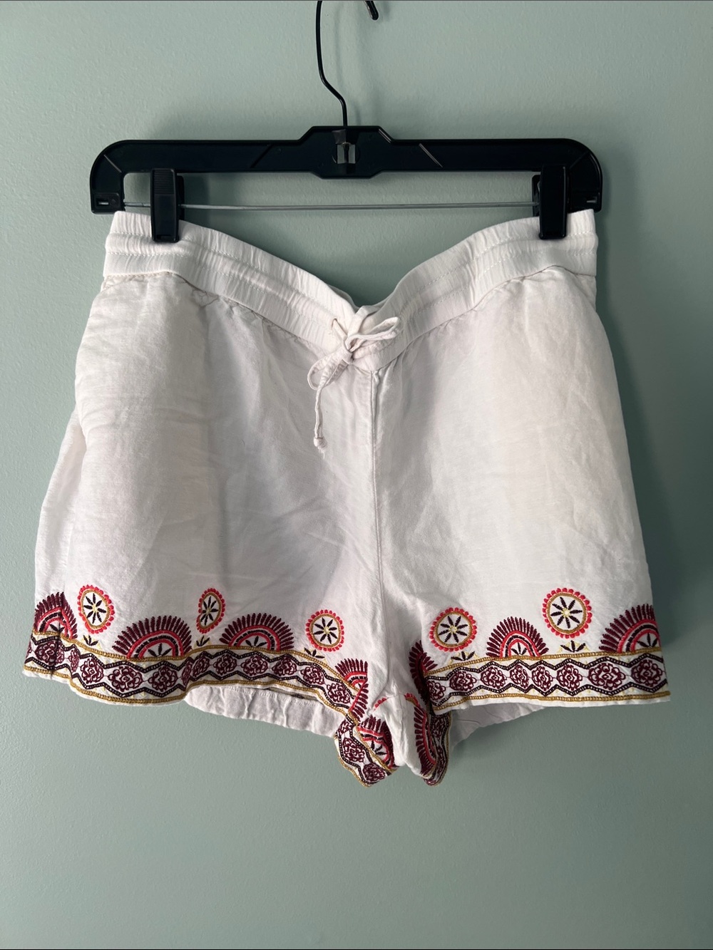 LOFT White Linen Drawstring Shorts with Red & Gold Embroidery